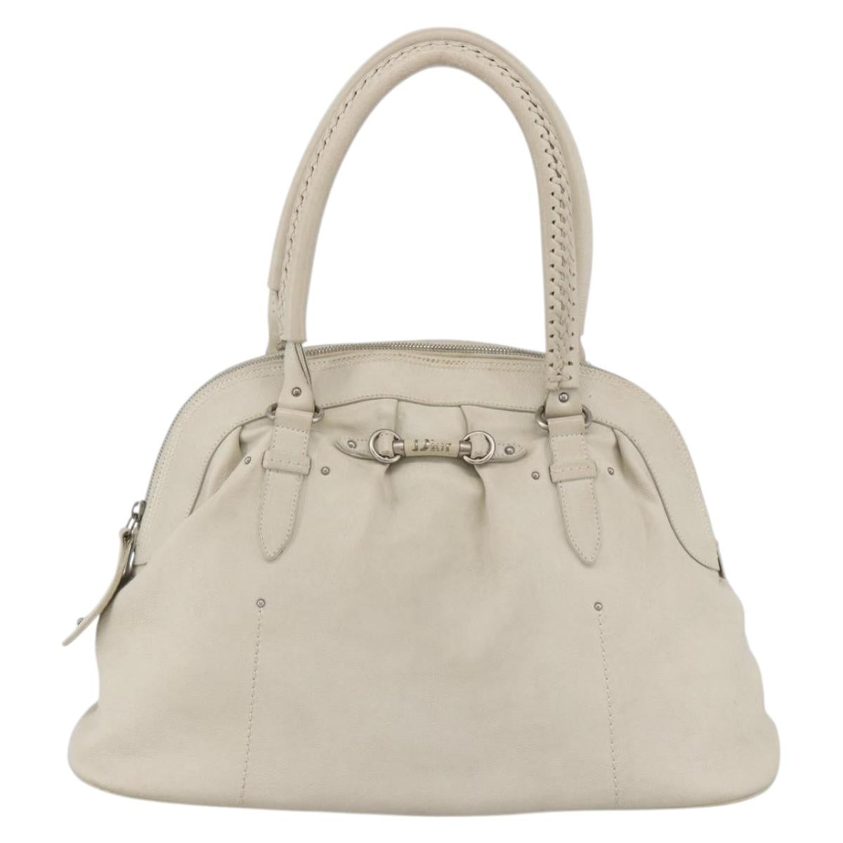 Christian Dior Shoulder Bag Leather White Silver Auth ka3530A