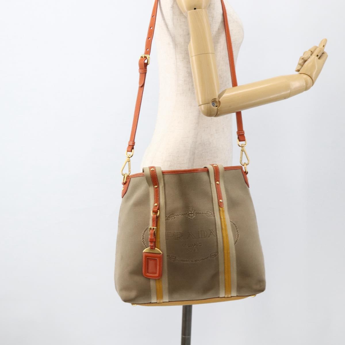 PRADA Hand Bag Logo jacquard 2way Beige Gold Auth ka3542