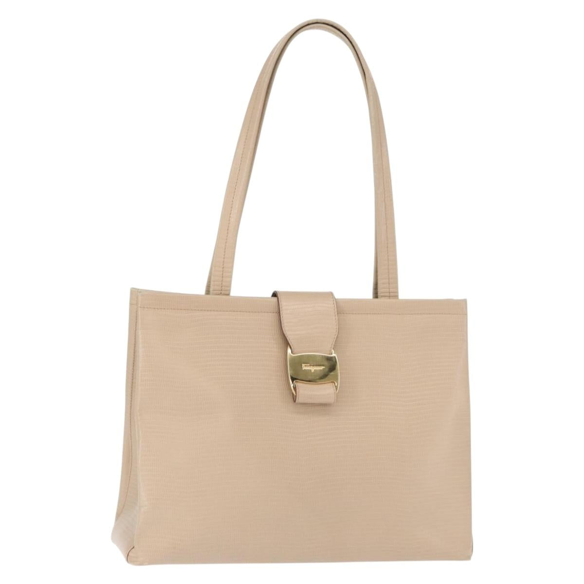 Salvatore Ferragamo Shoulder Bag Leather Beige Gold Auth ka355