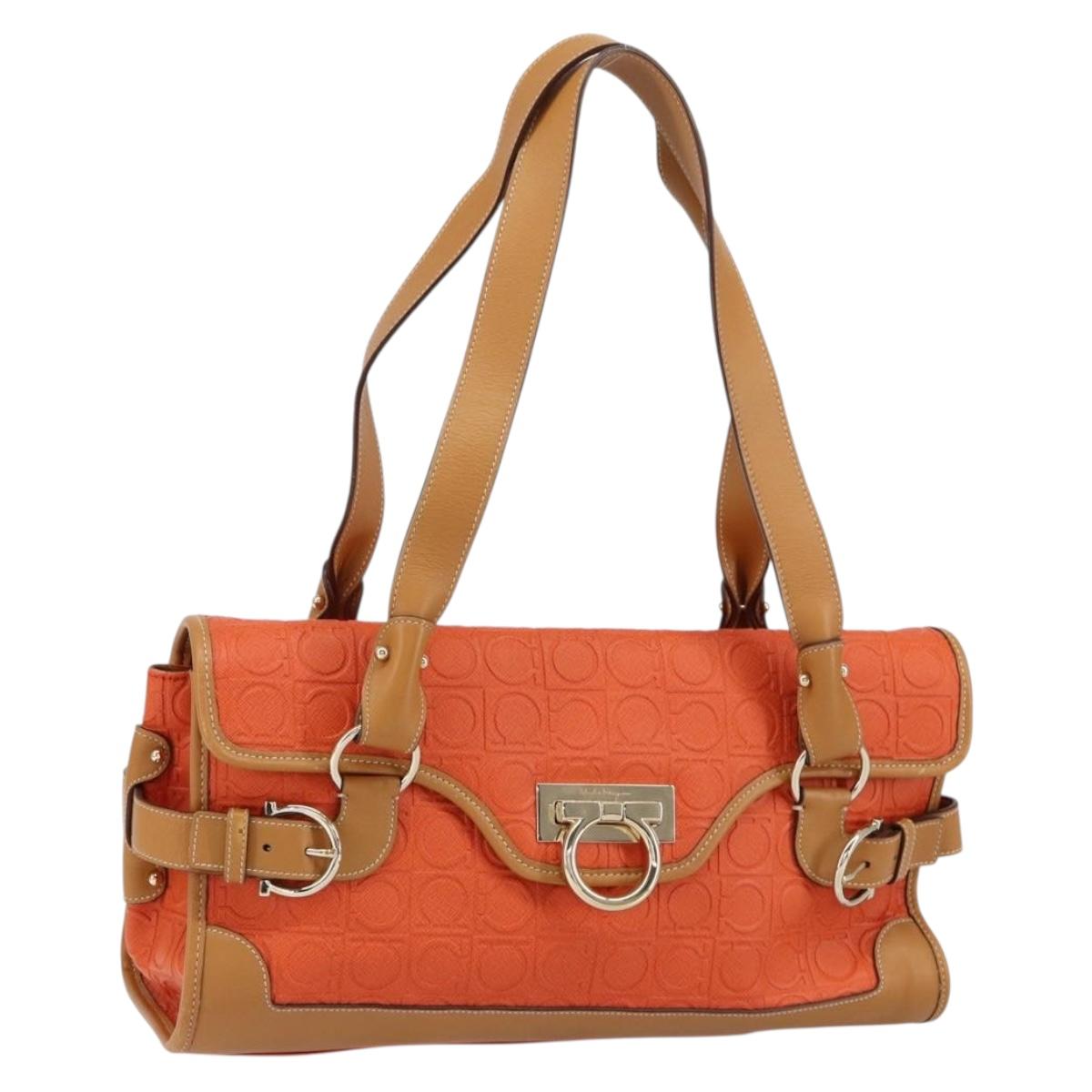 Salvatore Ferragamo Gancini Shoulder Bag PVC Leather Orange Gold Auth ka357