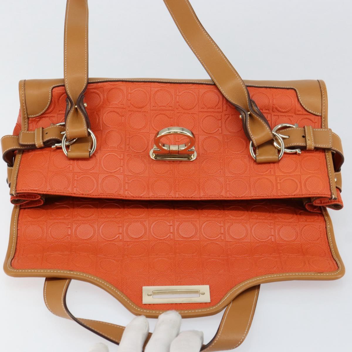 Salvatore Ferragamo Gancini Shoulder Bag PVC Leather Orange Gold Auth ka357