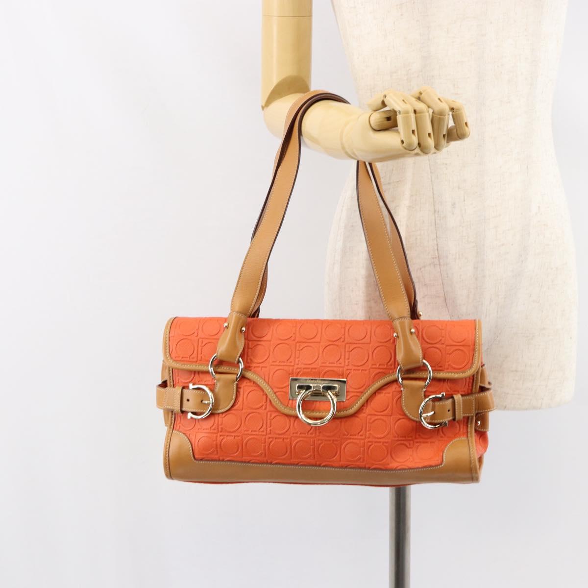 Salvatore Ferragamo Gancini Shoulder Bag PVC Leather Orange Gold Auth ka357
