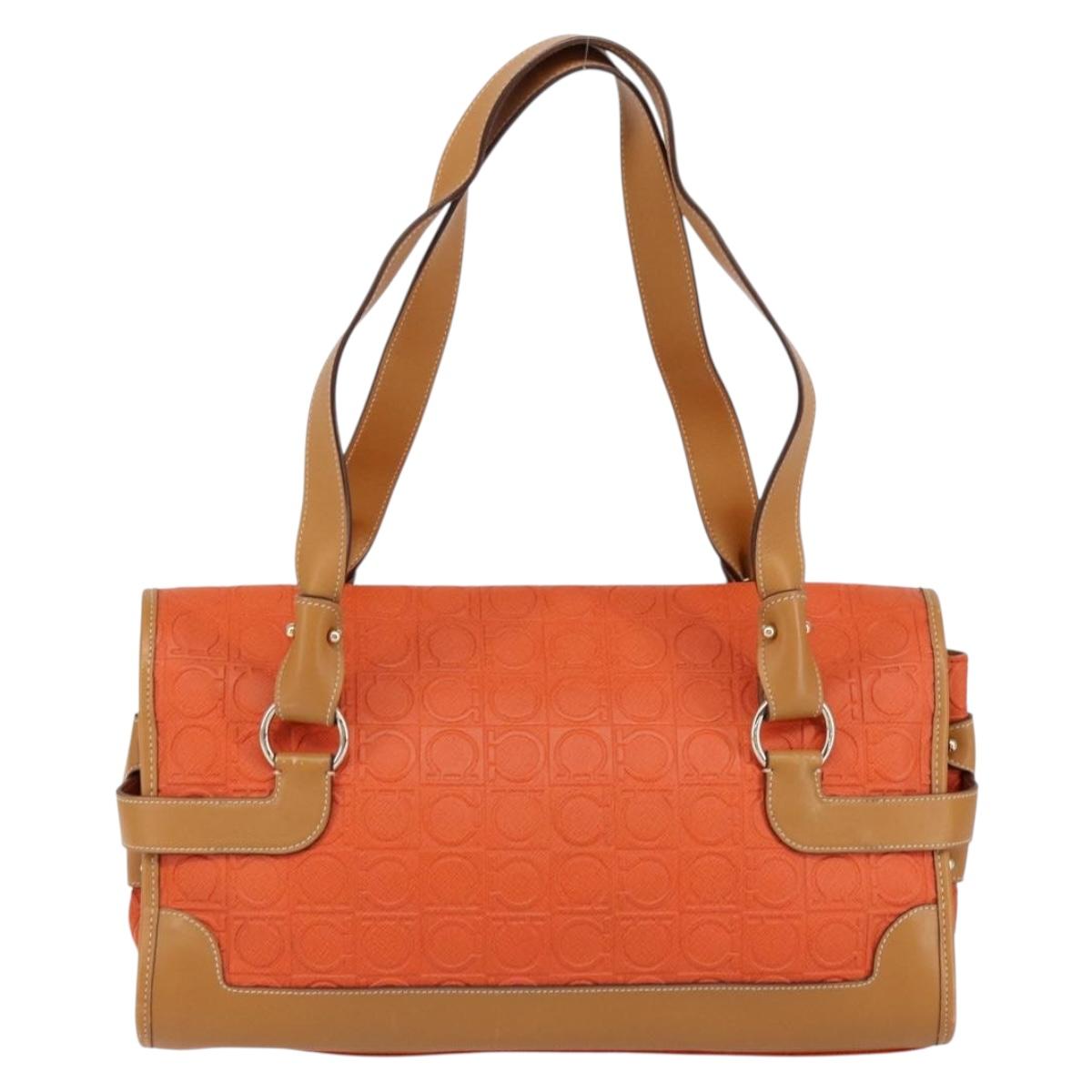 Salvatore Ferragamo Gancini Shoulder Bag PVC Leather Orange Gold Auth ka357