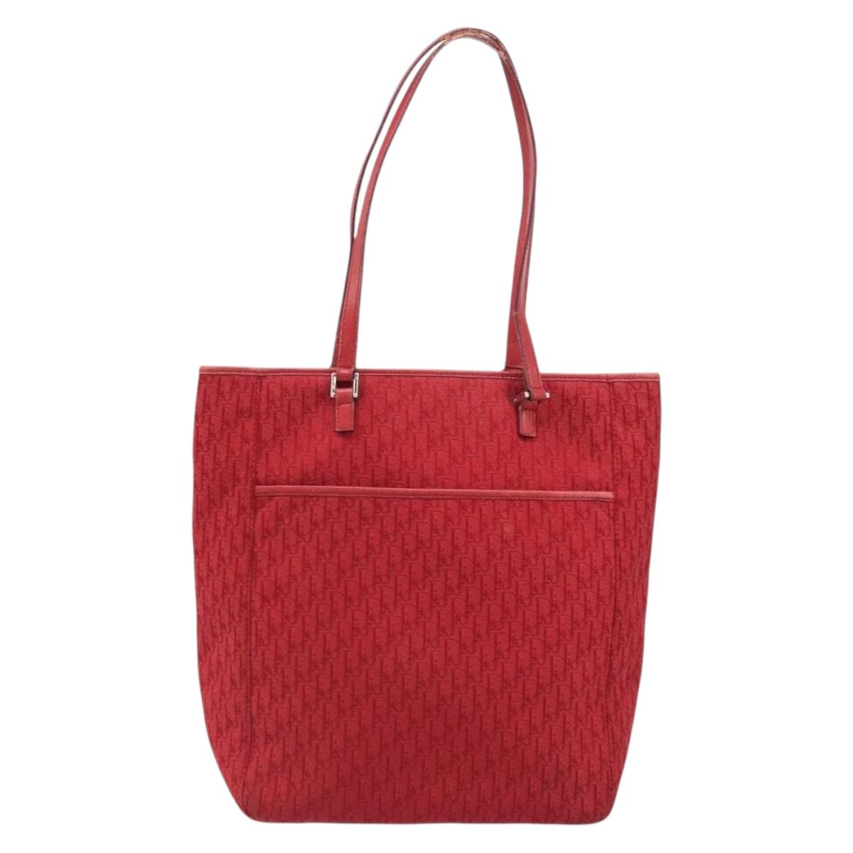 Christian Dior Trotter Canvas Tote Bag Red Silver Auth ka3572