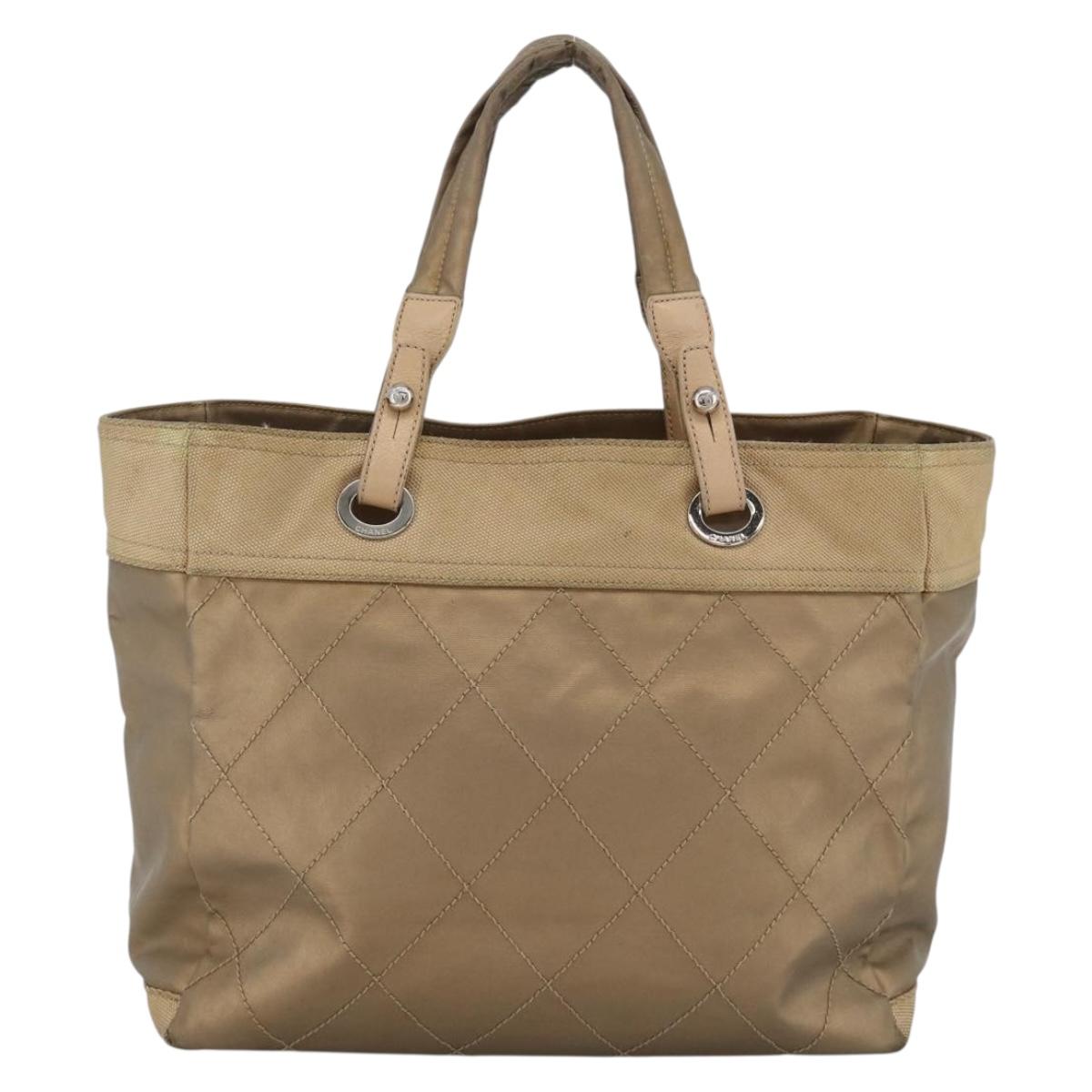 CHANEL Paris Biarritz GM Tote Bag Coated Canvas Gold Silver CC Auth ka3625