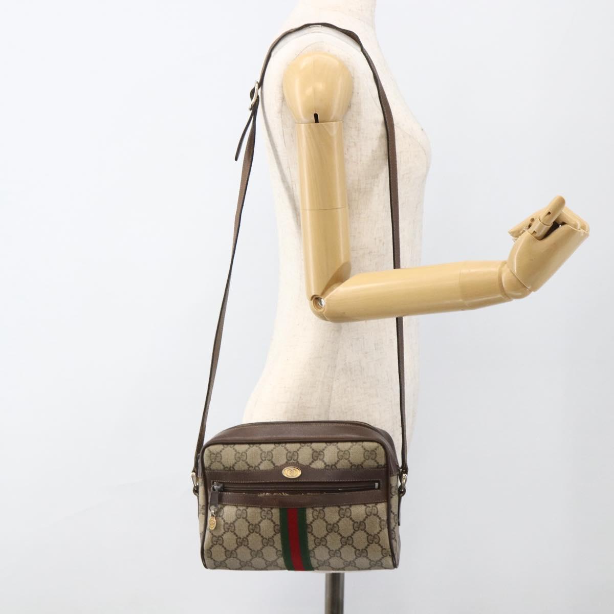 GUCCI GG Supreme Web Sherry Line Shoulder Bag PVC Beige Gold Auth ka3631