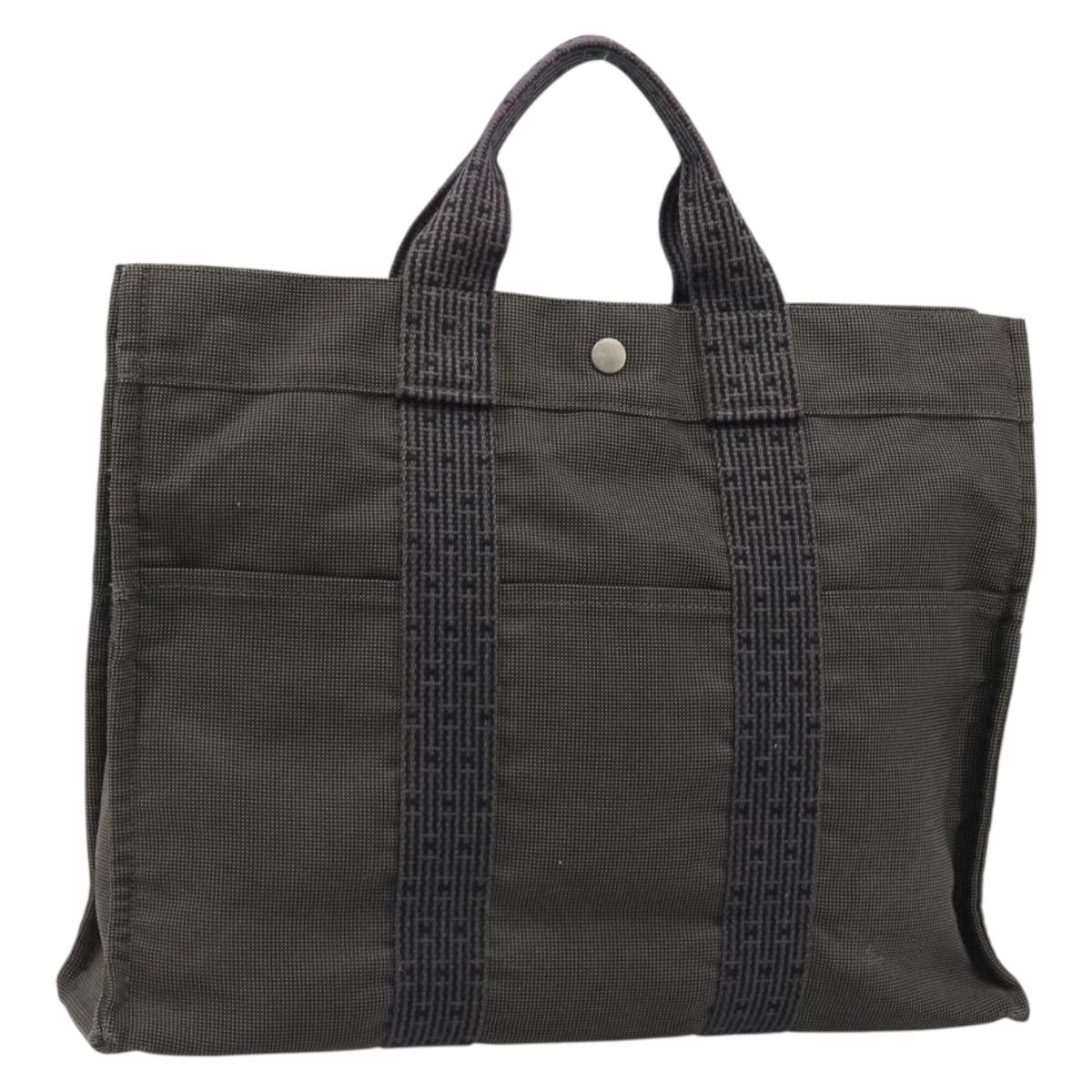 HERMES Her Line Tote MM Bag Canvas Gray Silver Auth ka3644