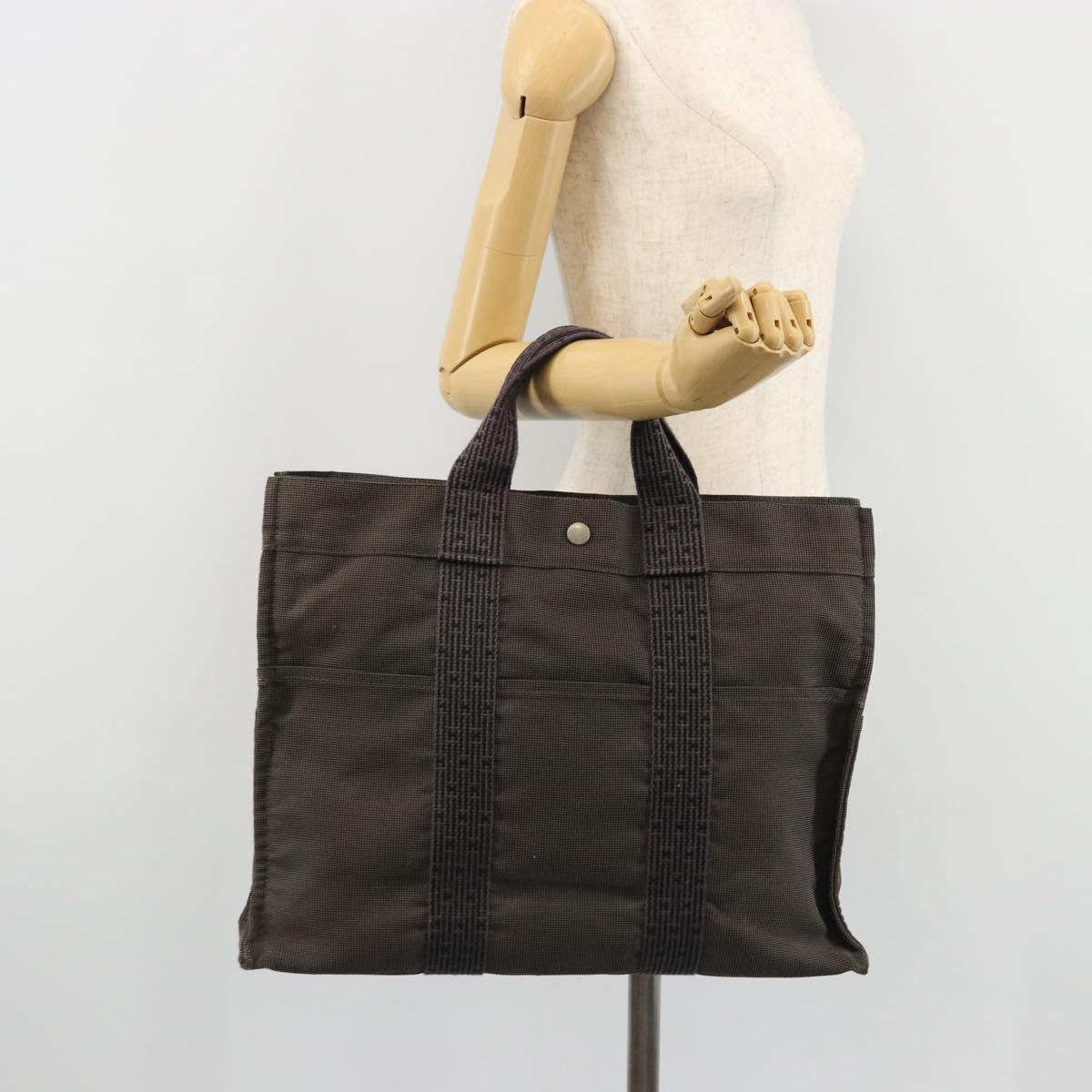 HERMES Her Line Tote MM Bag Canvas Gray Silver Auth ka3644
