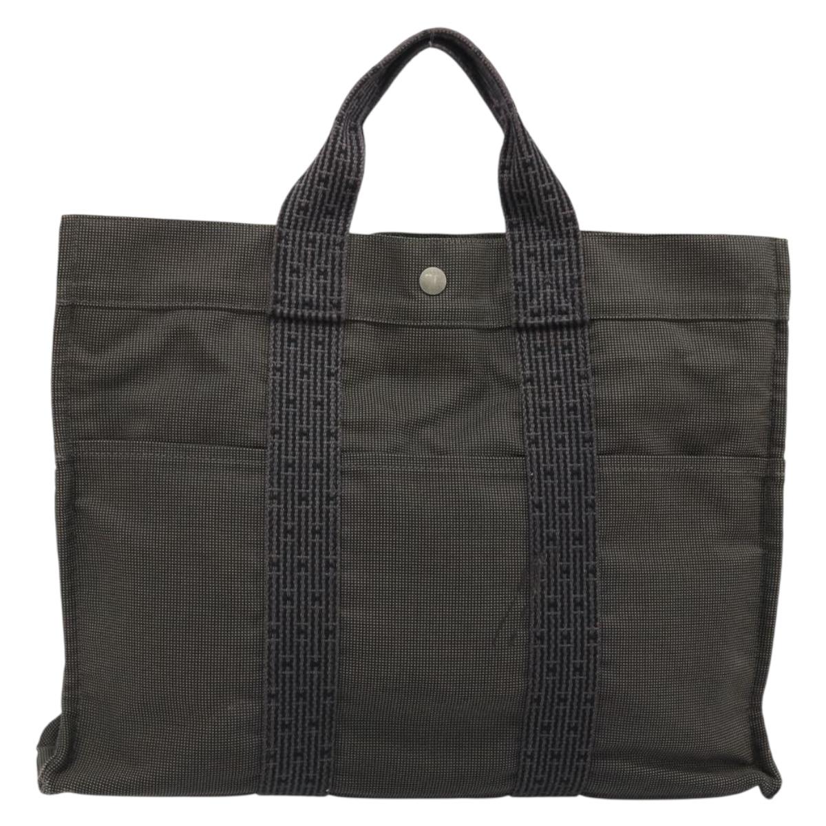 HERMES Her Line Tote MM Bag Canvas Gray Silver Auth ka3644
