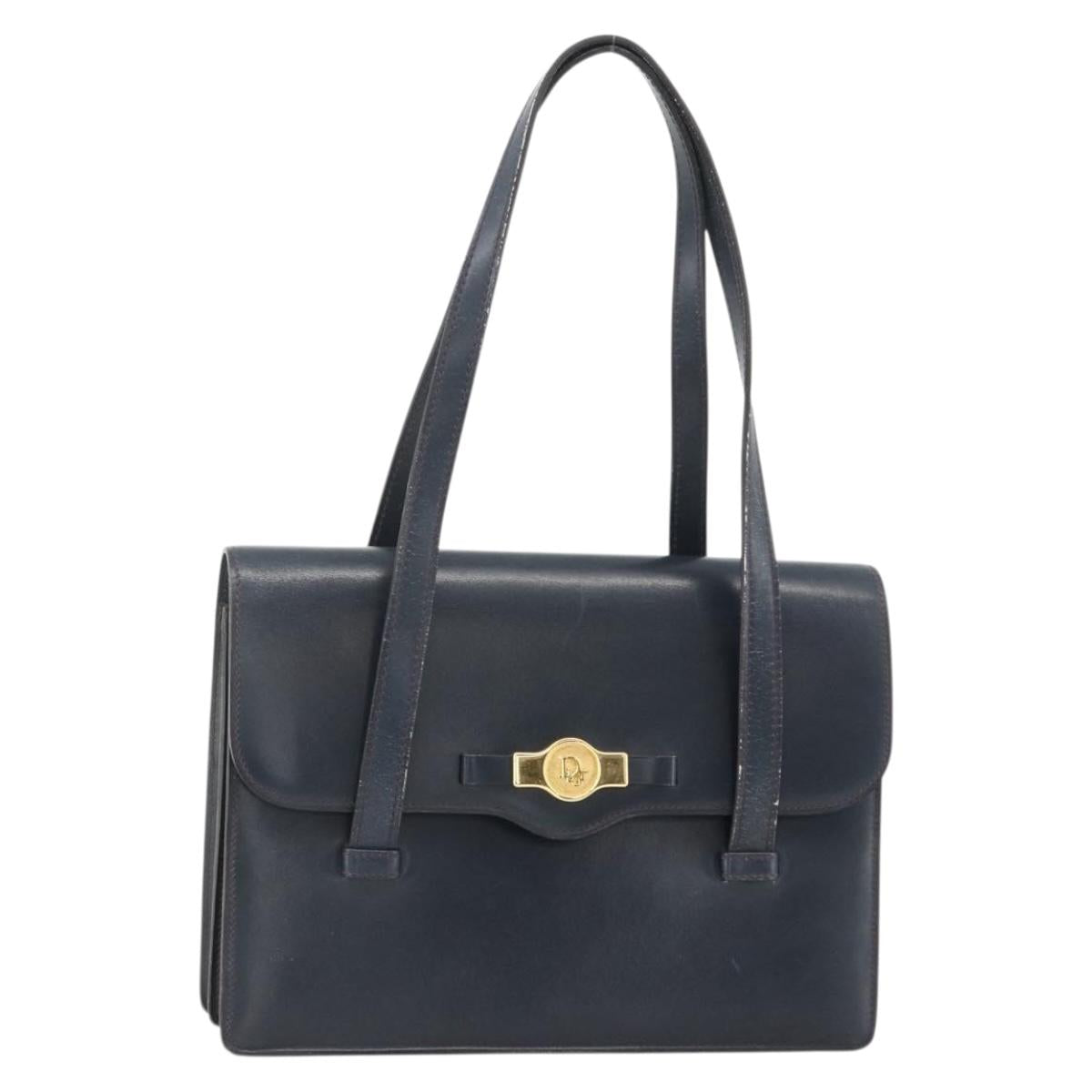 Christian Dior Hand Bag Leather Gold Navy Auth ka3651
