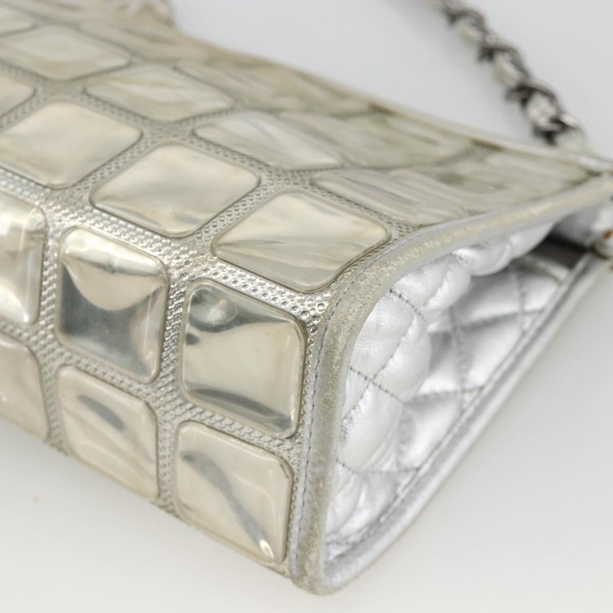 CHANEL Ice Cube Chain Shoulder Bag Vinyl Silver CC Auth ka3671