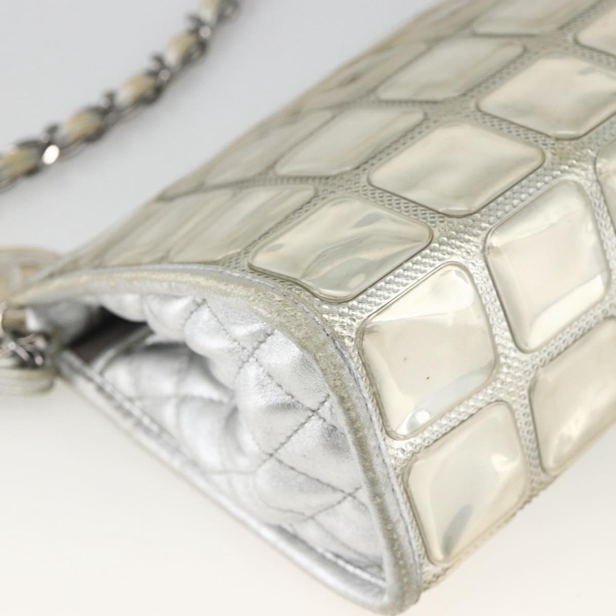 CHANEL Ice Cube Chain Shoulder Bag Vinyl Silver CC Auth ka3671