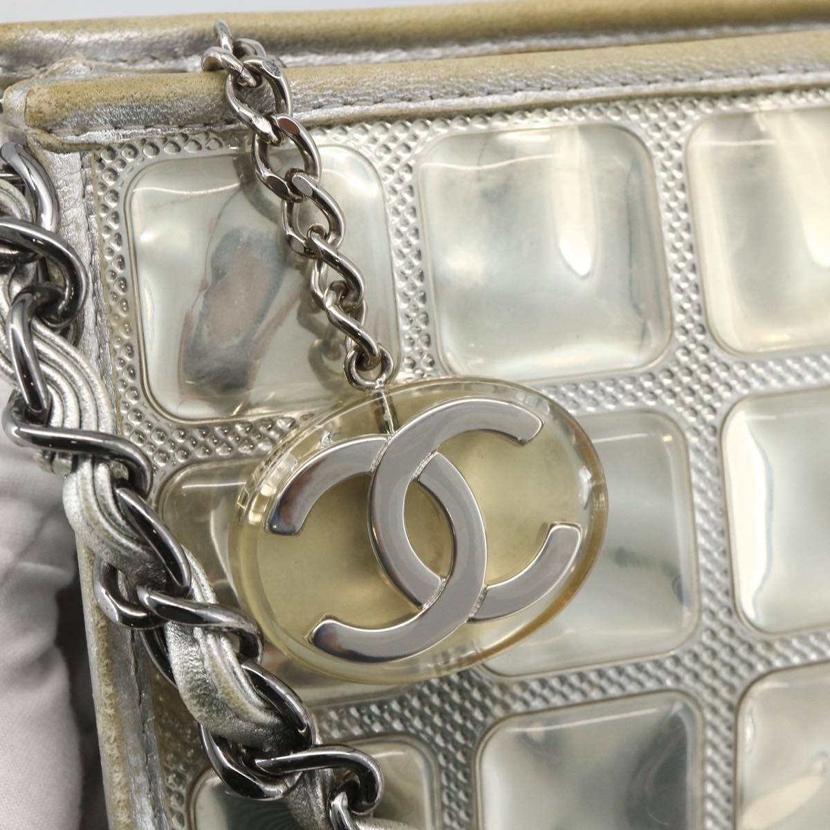 CHANEL Ice Cube Chain Shoulder Bag Vinyl Silver CC Auth ka3671