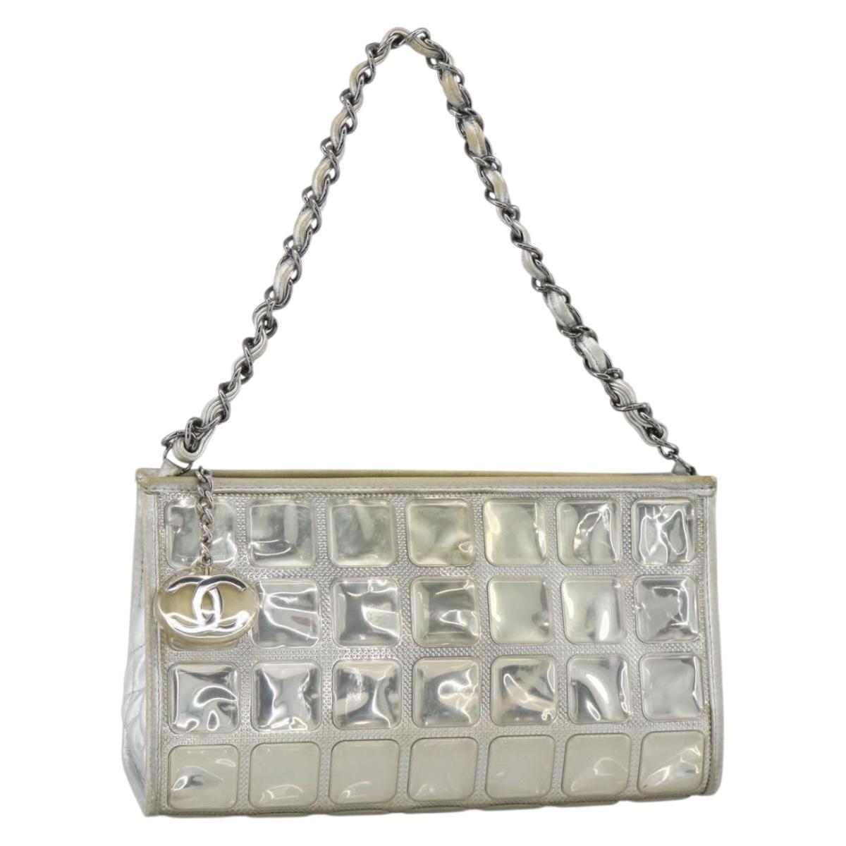 CHANEL Ice Cube Chain Shoulder Bag Vinyl Silver CC Auth ka3671
