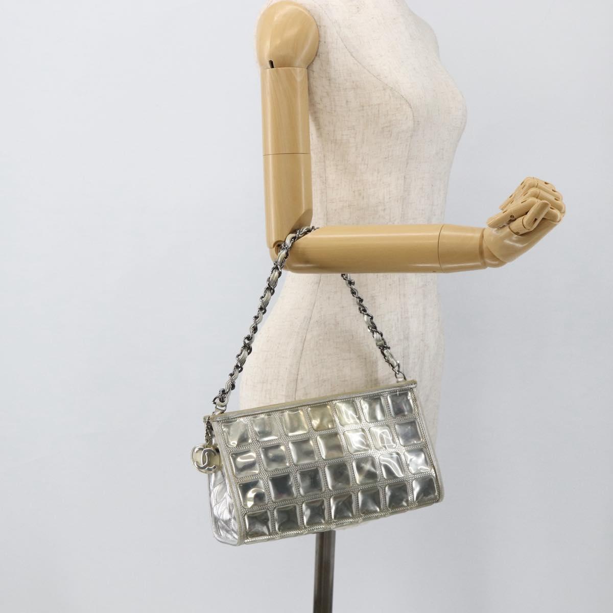 CHANEL Ice Cube Chain Shoulder Bag Vinyl Silver CC Auth ka3671