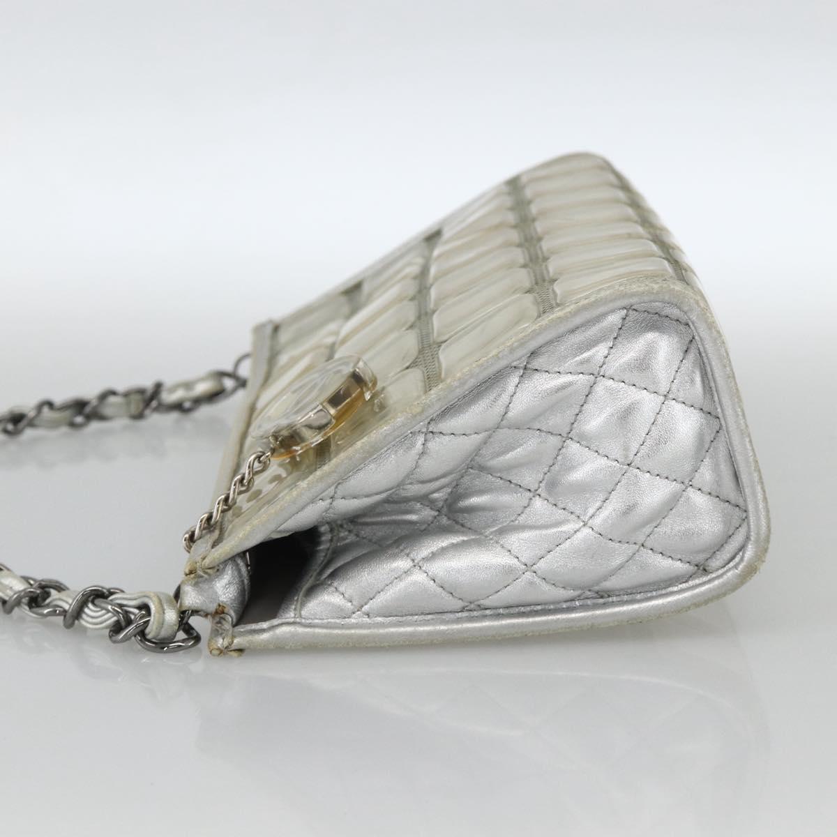 CHANEL Ice Cube Chain Shoulder Bag Vinyl Silver CC Auth ka3671
