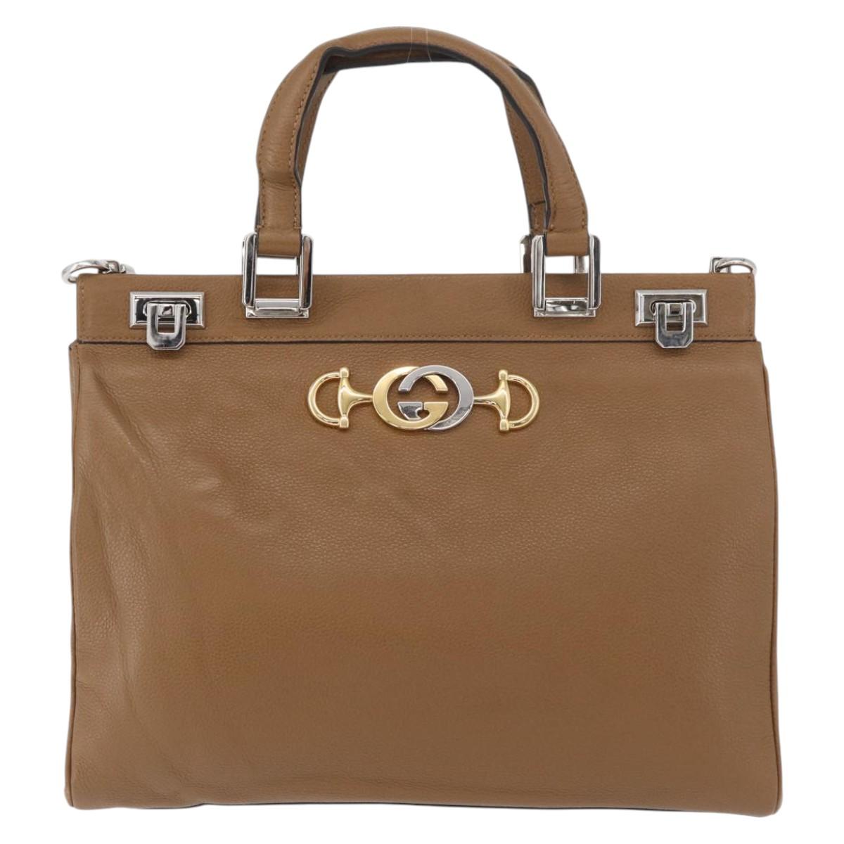 GUCCI Zumi Hand Bag Leather 2way Brown Silver 564714 Auth ka3735
