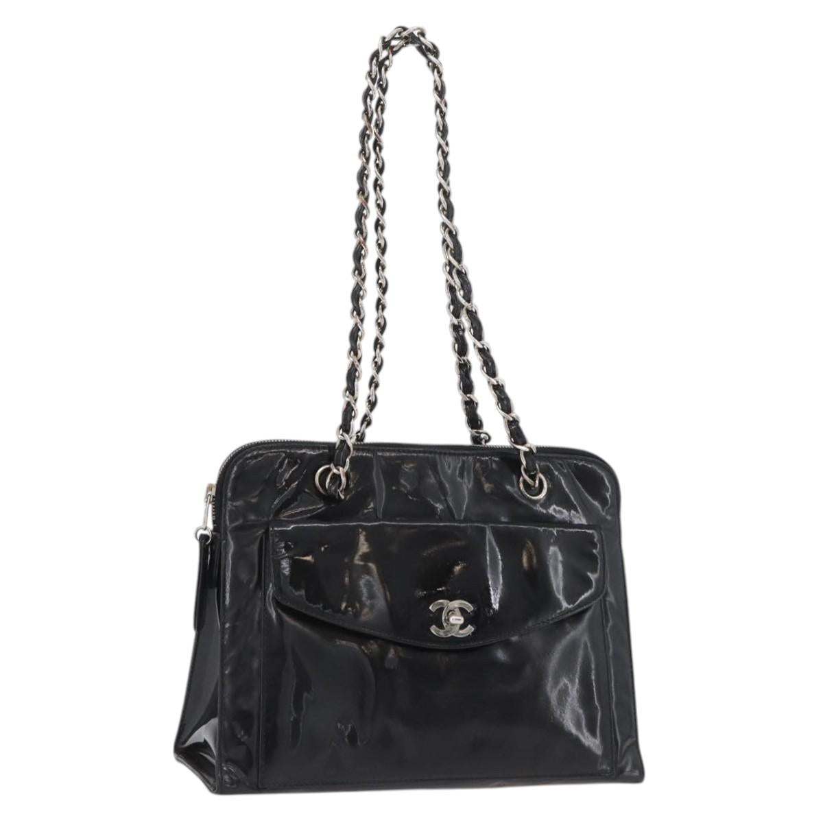 CHANEL Chain Shoulder Bag Patent leather Black Silver CC Auth ka3740