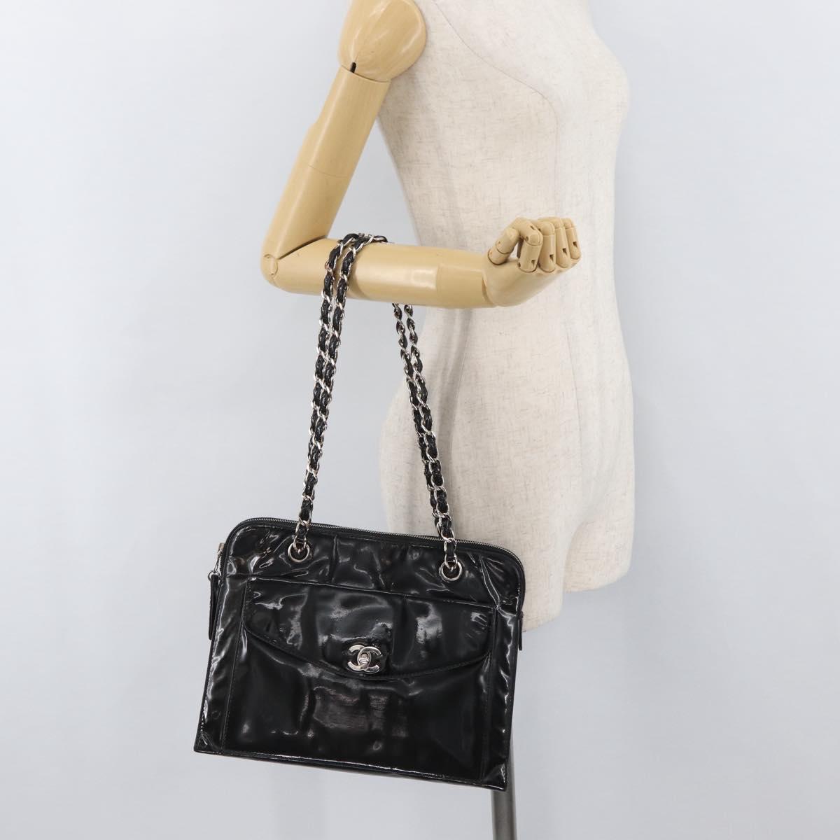CHANEL Chain Shoulder Bag Patent leather Black Silver CC Auth ka3740