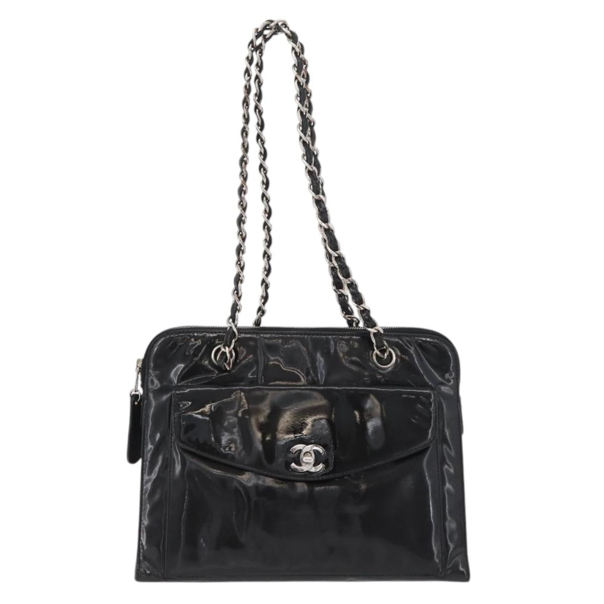 CHANEL Chain Shoulder Bag Patent leather Black Silver CC Auth ka3740