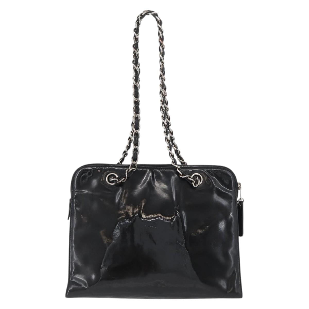 CHANEL Chain Shoulder Bag Patent leather Black Silver CC Auth ka3740