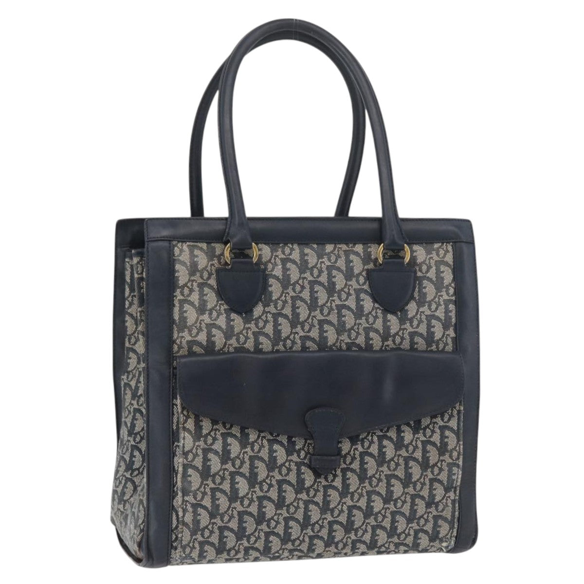 Christian Dior Trotter Canvas Tote Bag Navy Gold Auth ka3763