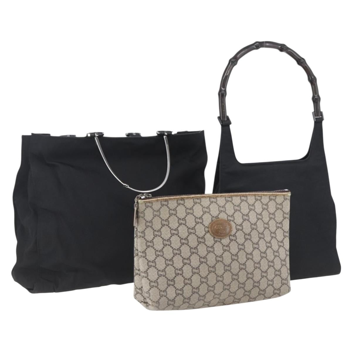 GUCCI GG Supreme Bamboo Shoulder Bag PVC Nylon 3 Set Beige Black Auth ka378