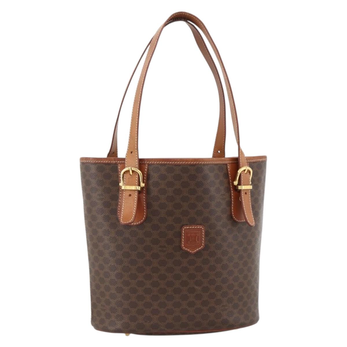 CELINE Macadam Canvas Tote Bag PVC Leather Brown Gold Auth ka3832A