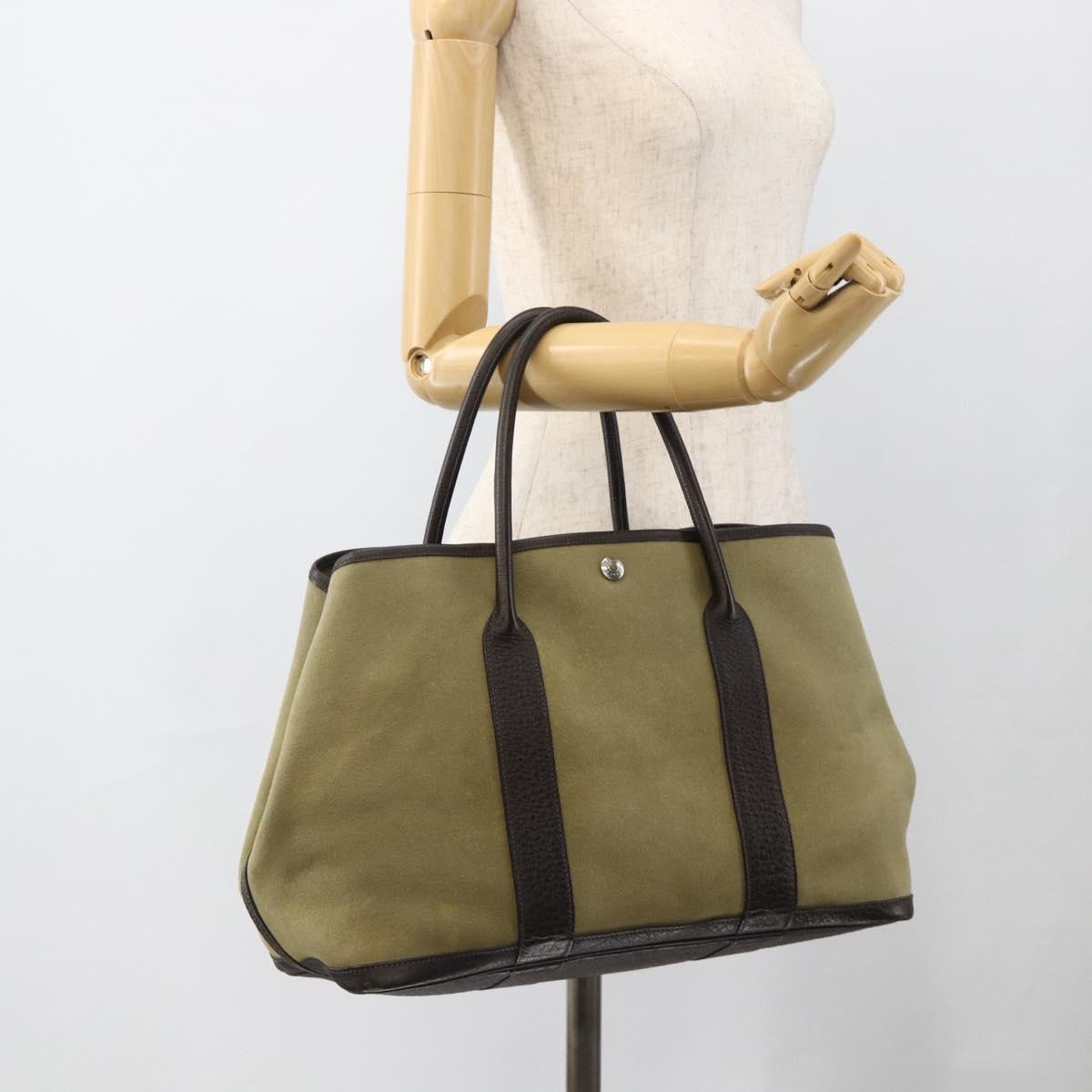 HERMES Garden Party PM Hand Bag Canvas Khaki Silver Auth ka3834A