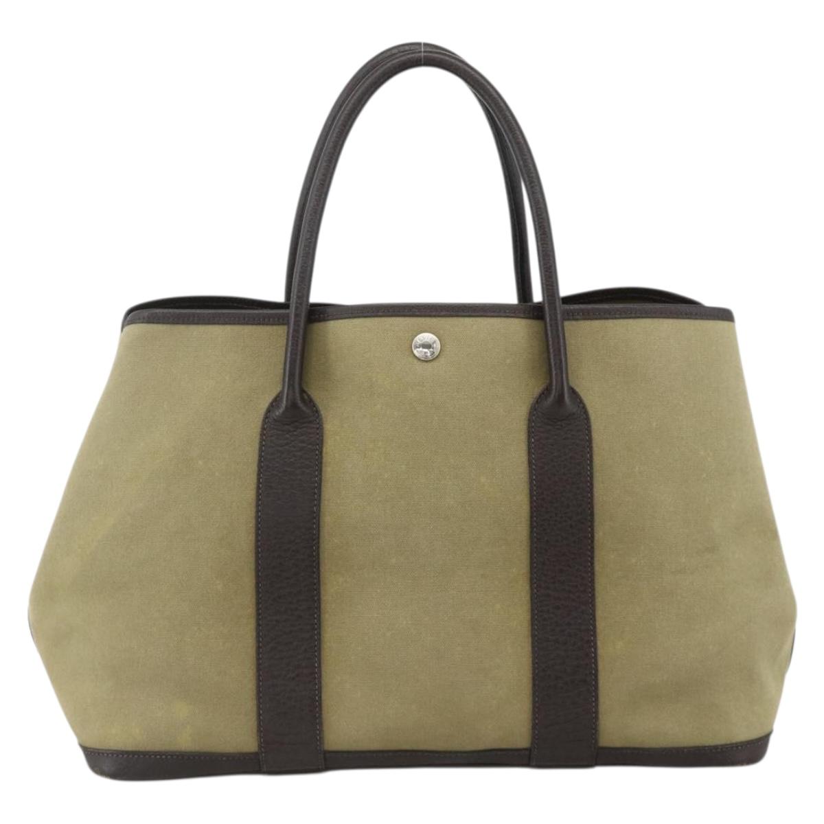 HERMES Garden Party PM Hand Bag Canvas Khaki Silver Auth ka3834A