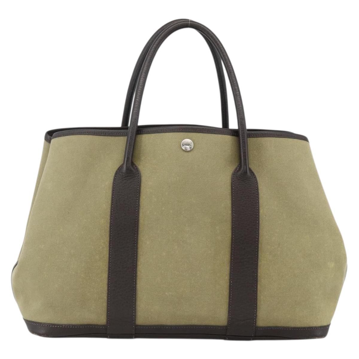 HERMES Garden Party PM Hand Bag Canvas Khaki Silver Auth ka3834A
