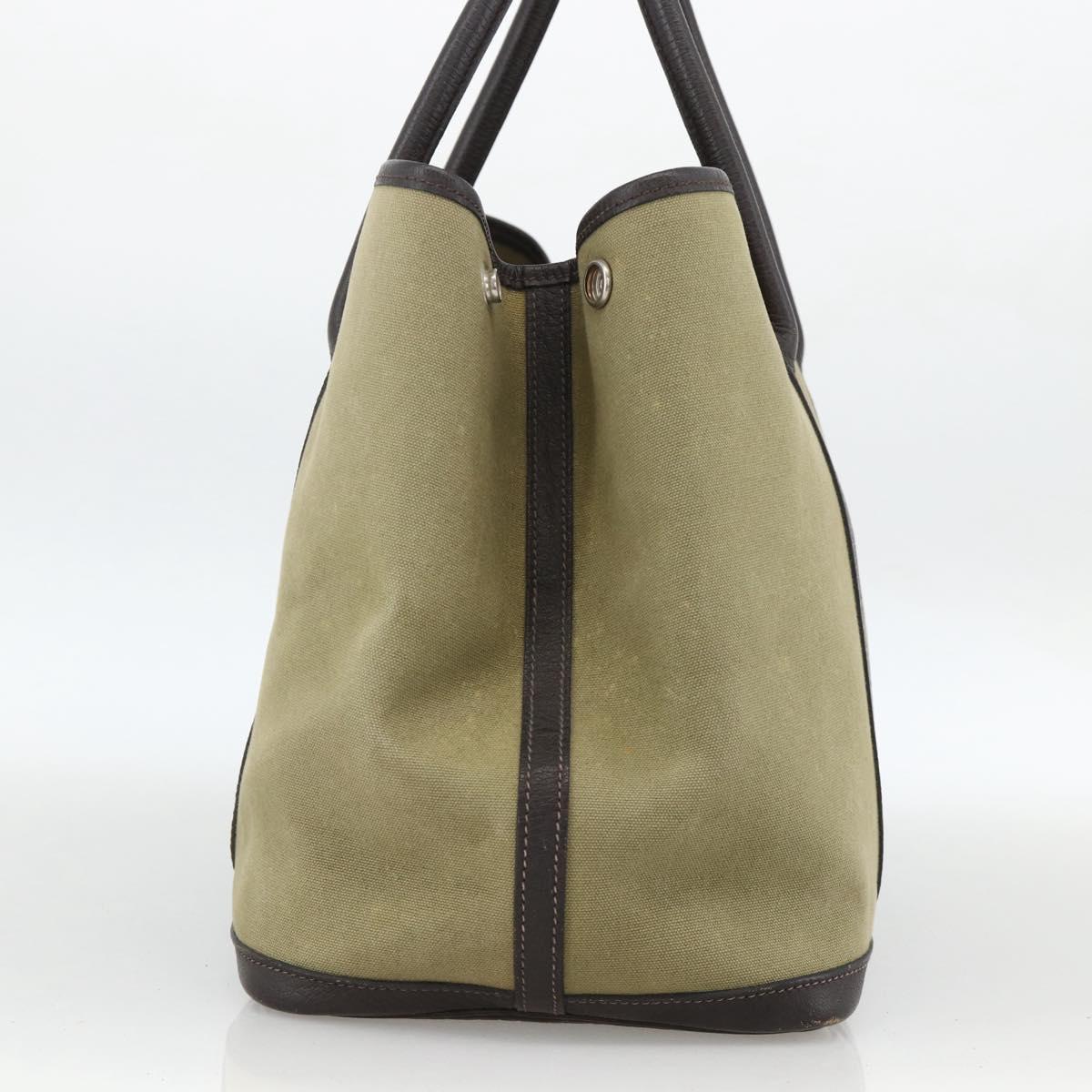 HERMES Garden Party PM Hand Bag Canvas Khaki Silver Auth ka3834A