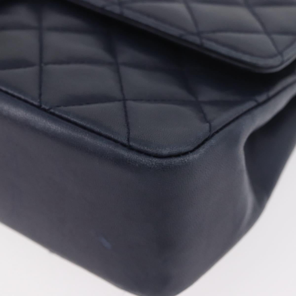 CHANEL Matelasse 25 Double Flap Chain Bag Lamb Skin Navy Gold CC Auth ka3835V