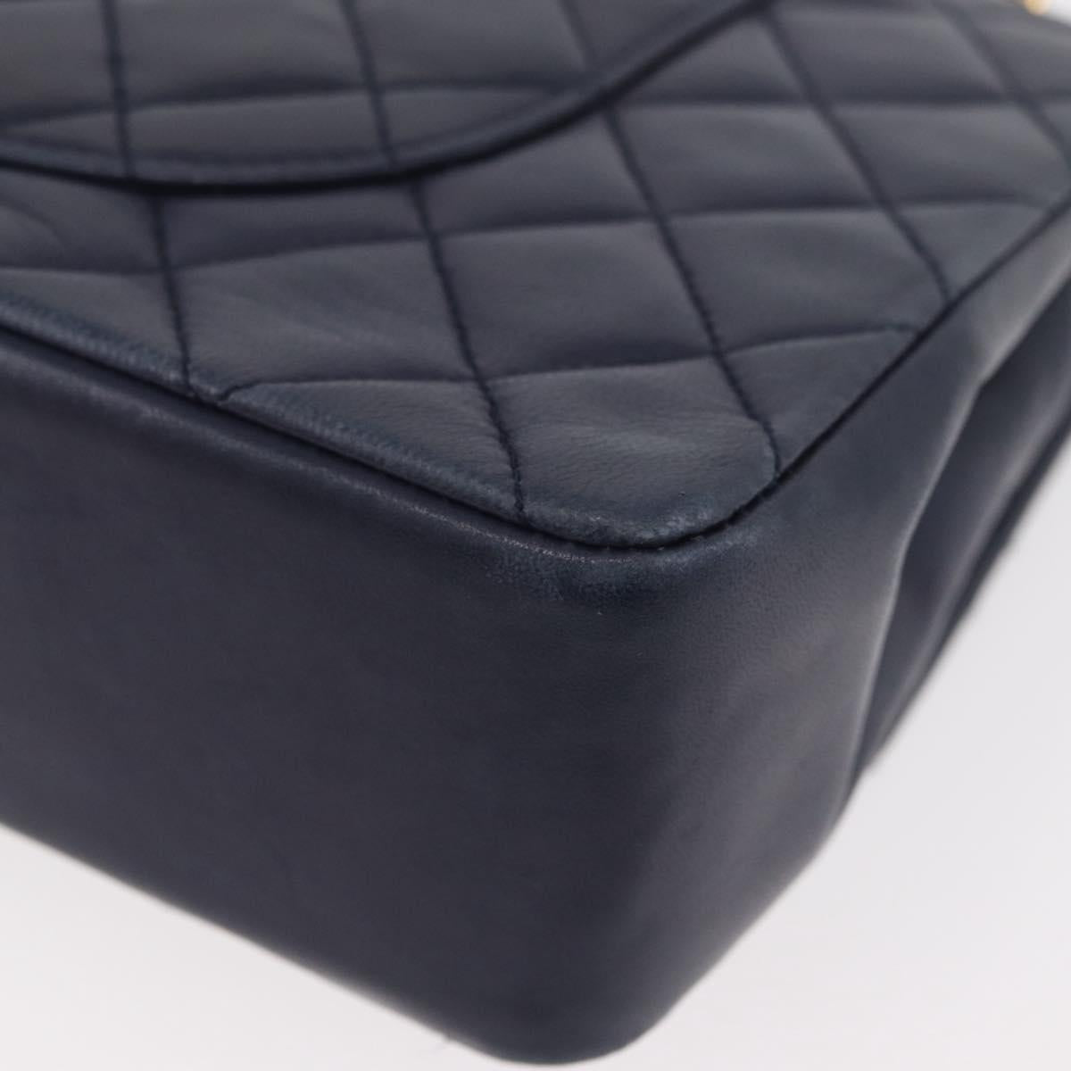 CHANEL Matelasse 25 Double Flap Chain Bag Lamb Skin Navy Gold CC Auth ka3835V
