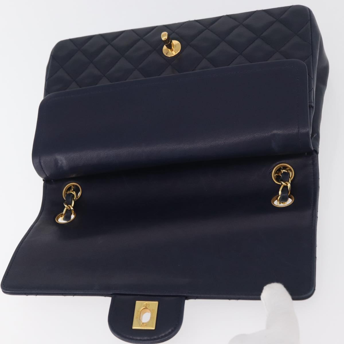 CHANEL Matelasse 25 Double Flap Chain Bag Lamb Skin Navy Gold CC Auth ka3835V