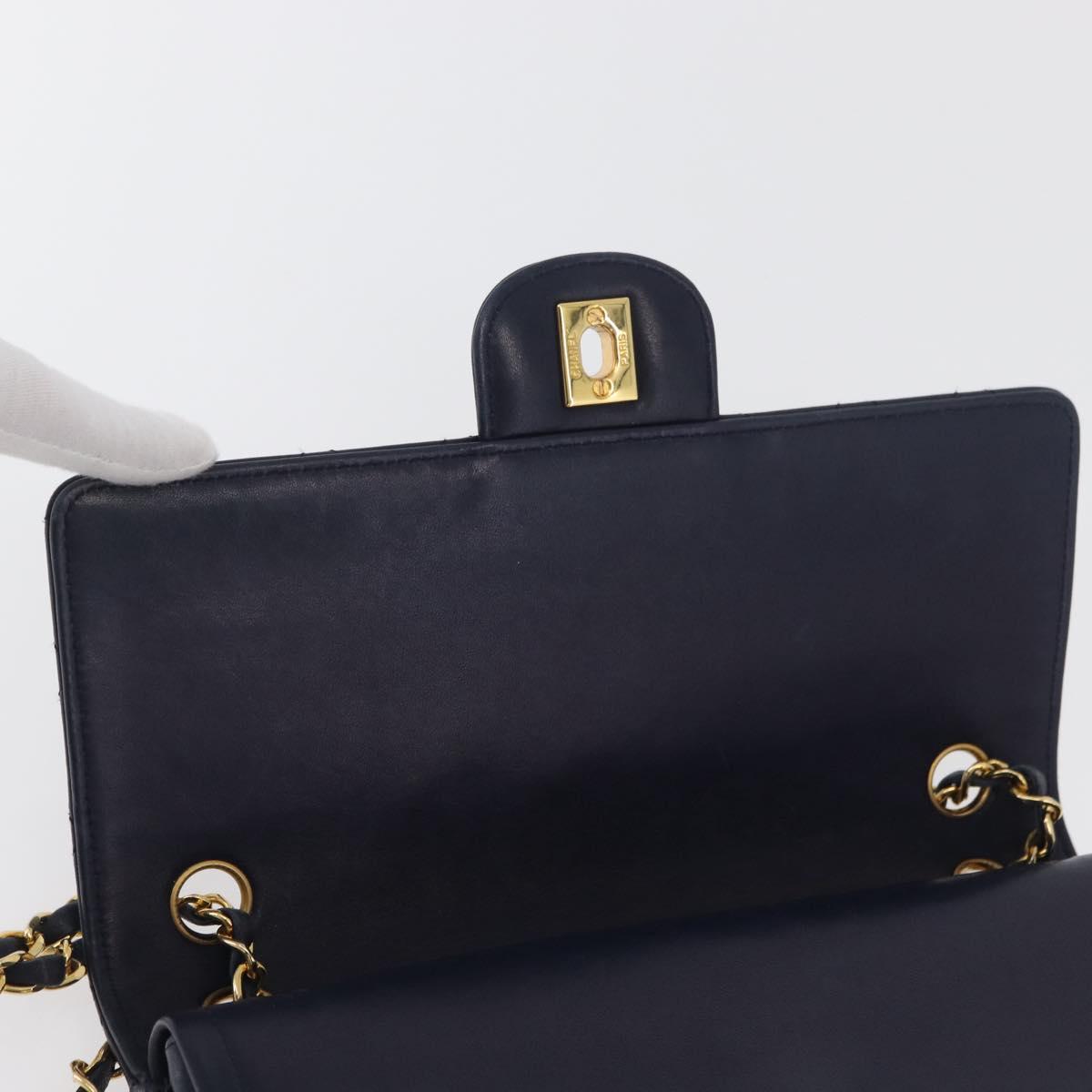 CHANEL Matelasse 25 Double Flap Chain Bag Lamb Skin Navy Gold CC Auth ka3835V
