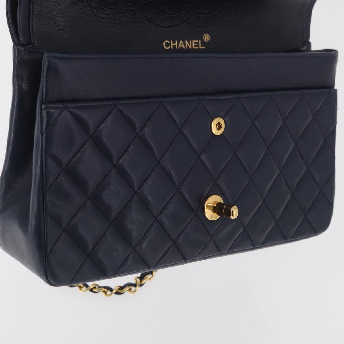 CHANEL Matelasse 25 Double Flap Chain Bag Lamb Skin Navy Gold CC Auth ka3835V