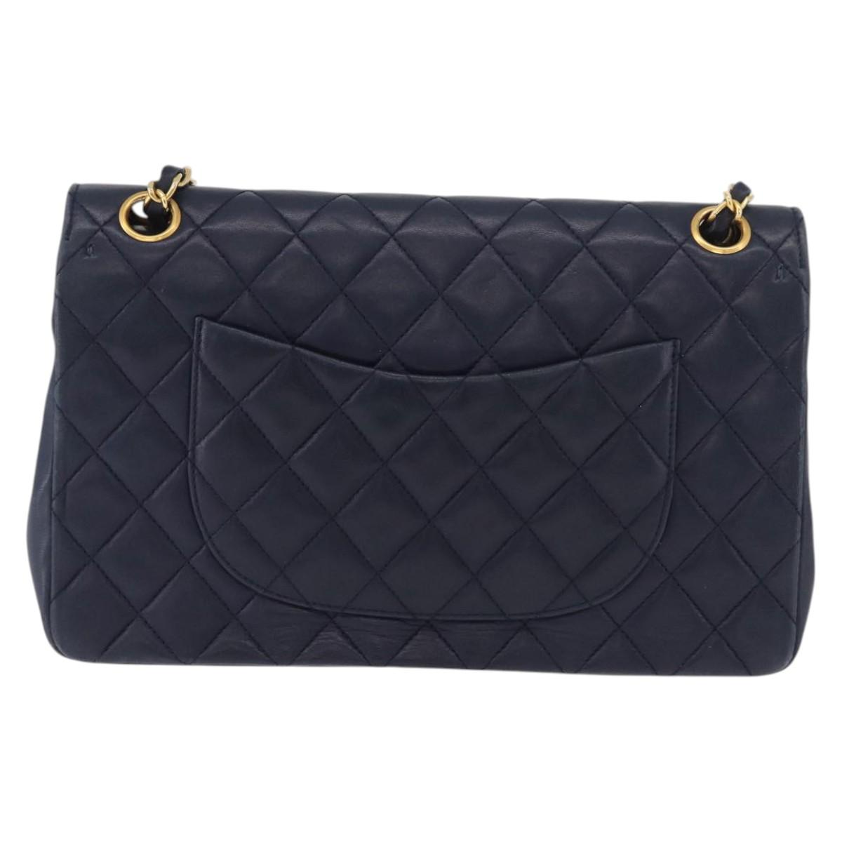 CHANEL Matelasse 25 Double Flap Chain Bag Lamb Skin Navy Gold CC Auth ka3835V