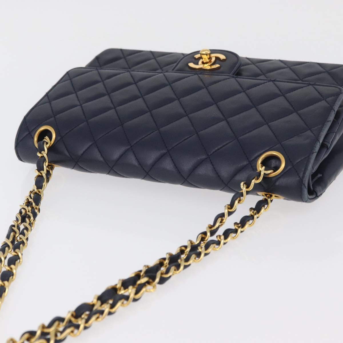 CHANEL Matelasse 25 Double Flap Chain Bag Lamb Skin Navy Gold CC Auth ka3835V