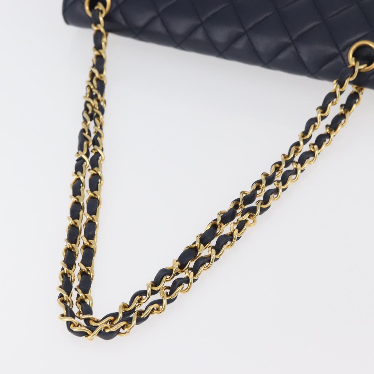CHANEL Matelasse 25 Double Flap Chain Bag Lamb Skin Navy Gold CC Auth ka3835V