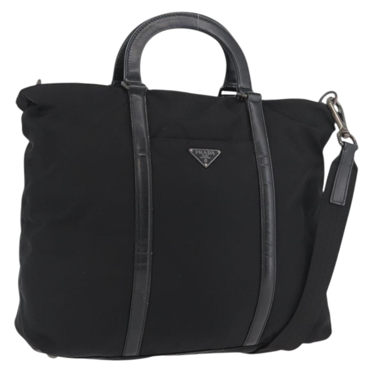 PRADA Hand Bag Nylon Leather 2way Black Silver Auth ka3854