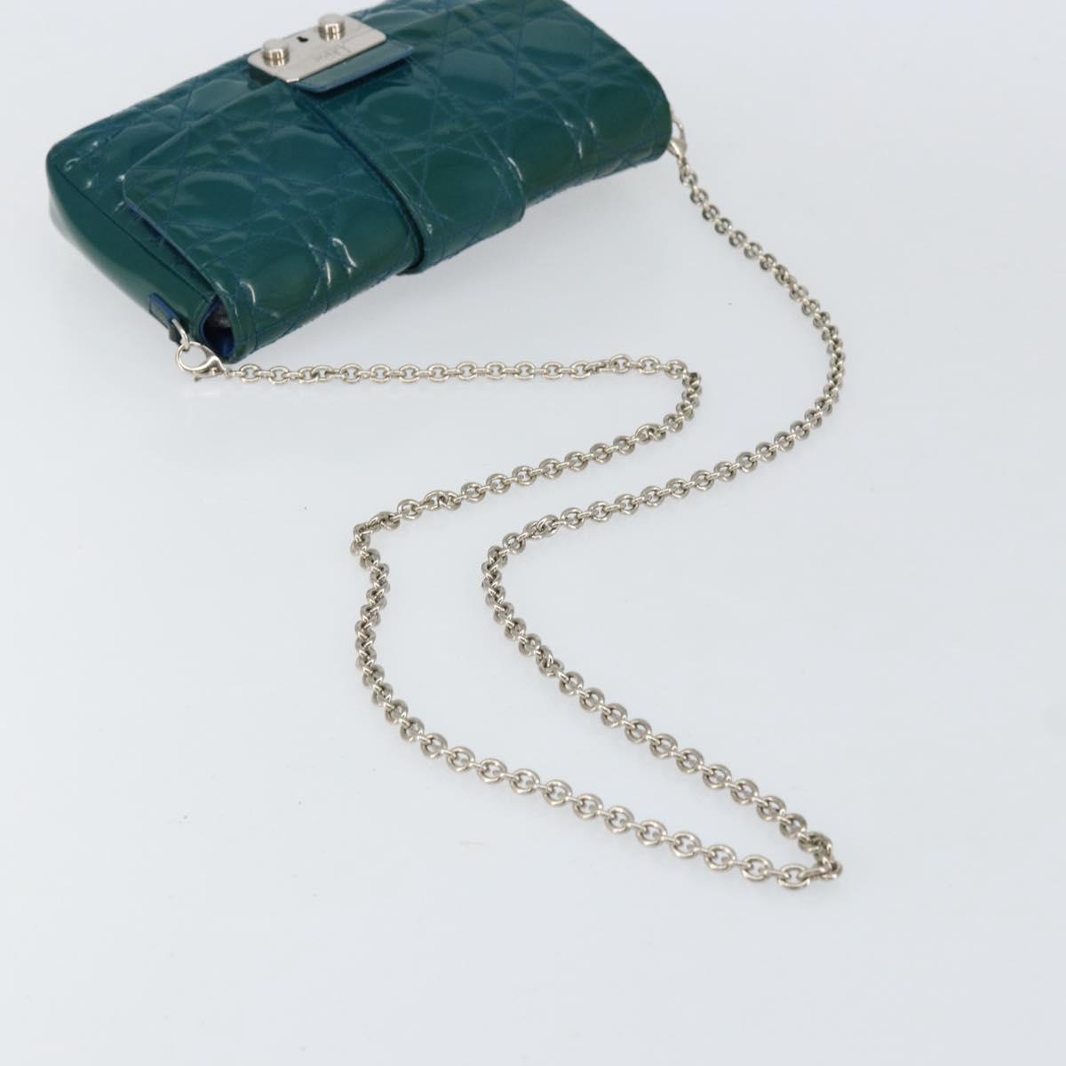 Christian Dior Canage Chain Shoulder Bag Patent leather Blue Silver Auth ka386