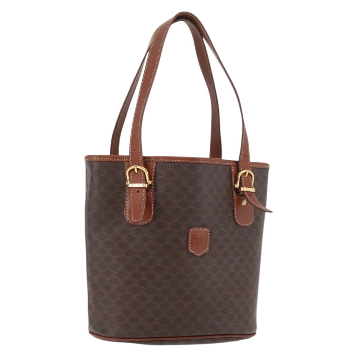 CELINE Macadam Canvas Tote Bag PVC Leather Brown Gold Auth ka3920