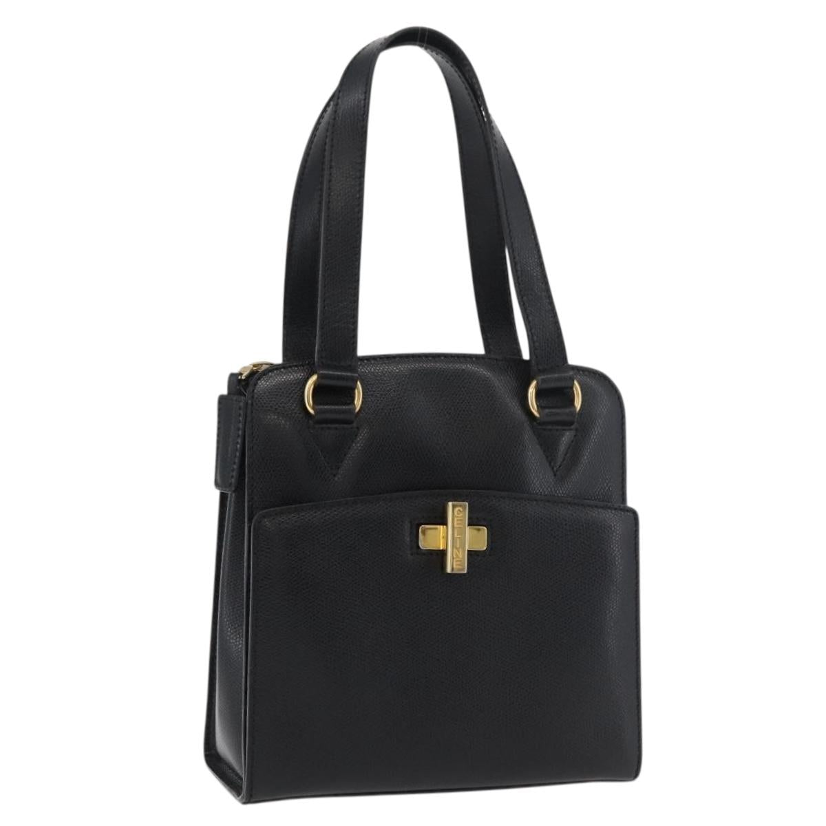 CELINE Hand Bag Leather Black Gold Auth ka3921