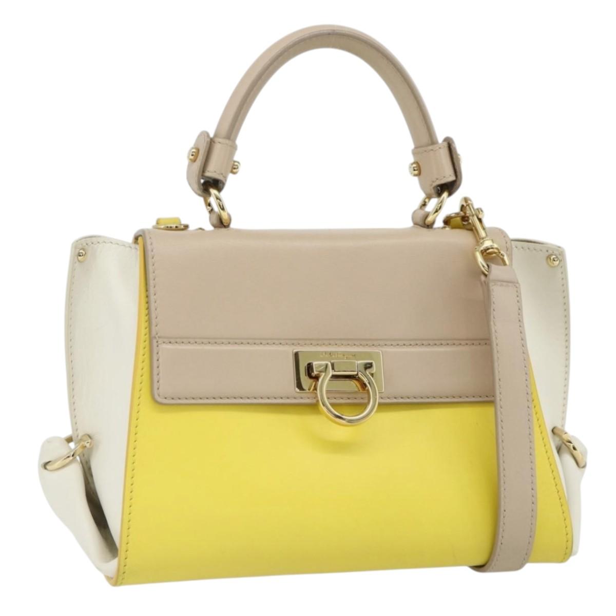 Salvatore Ferragamo Gancini Hand Bag Leather 2way Yellow Gold Auth ka3925A