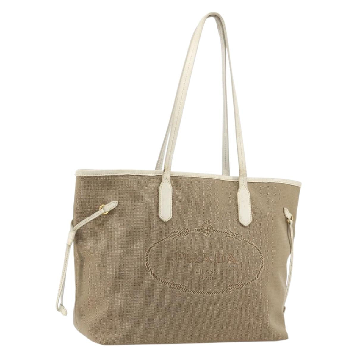 PRADA Tote Bag Canvas Beige Gold Auth ka3943