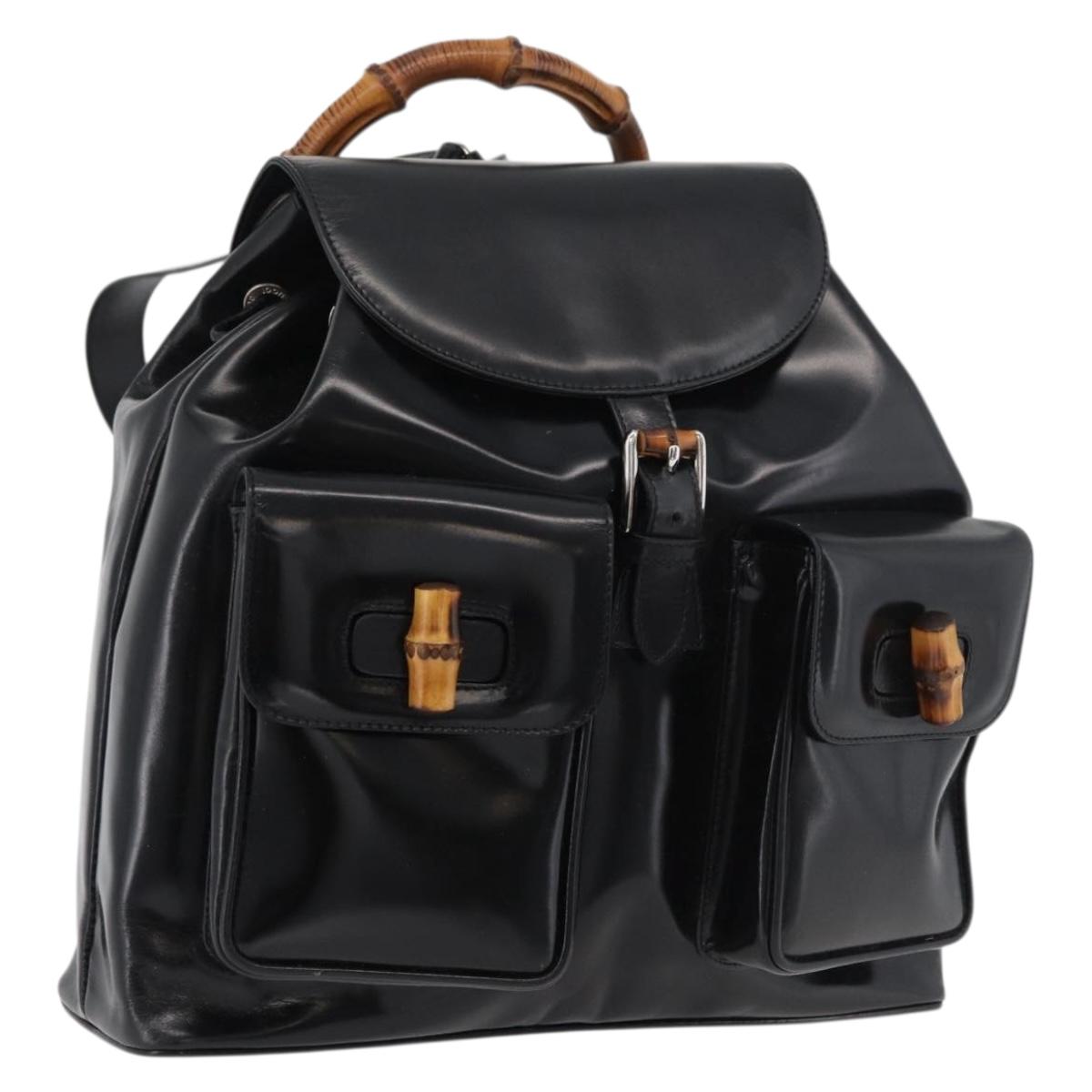 GUCCI Bamboo Backpack Patent leather Black Silver 003 2058 0016 5 Auth ka3960