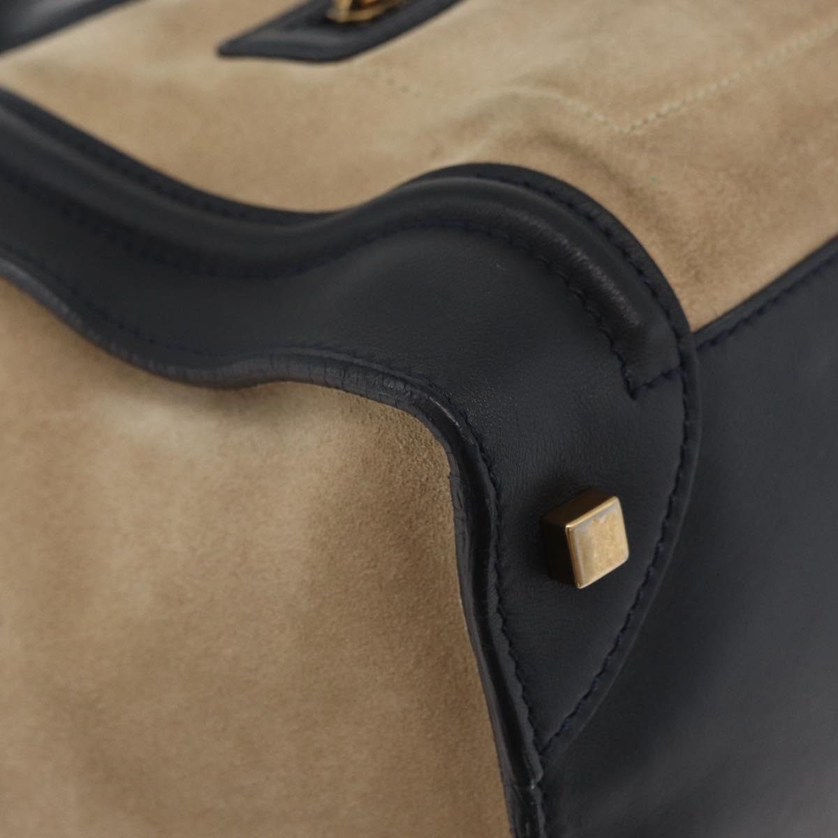 CELINE Luggage Medium Hand Bag Suede Leather Beige Gold black Auth ka3972A