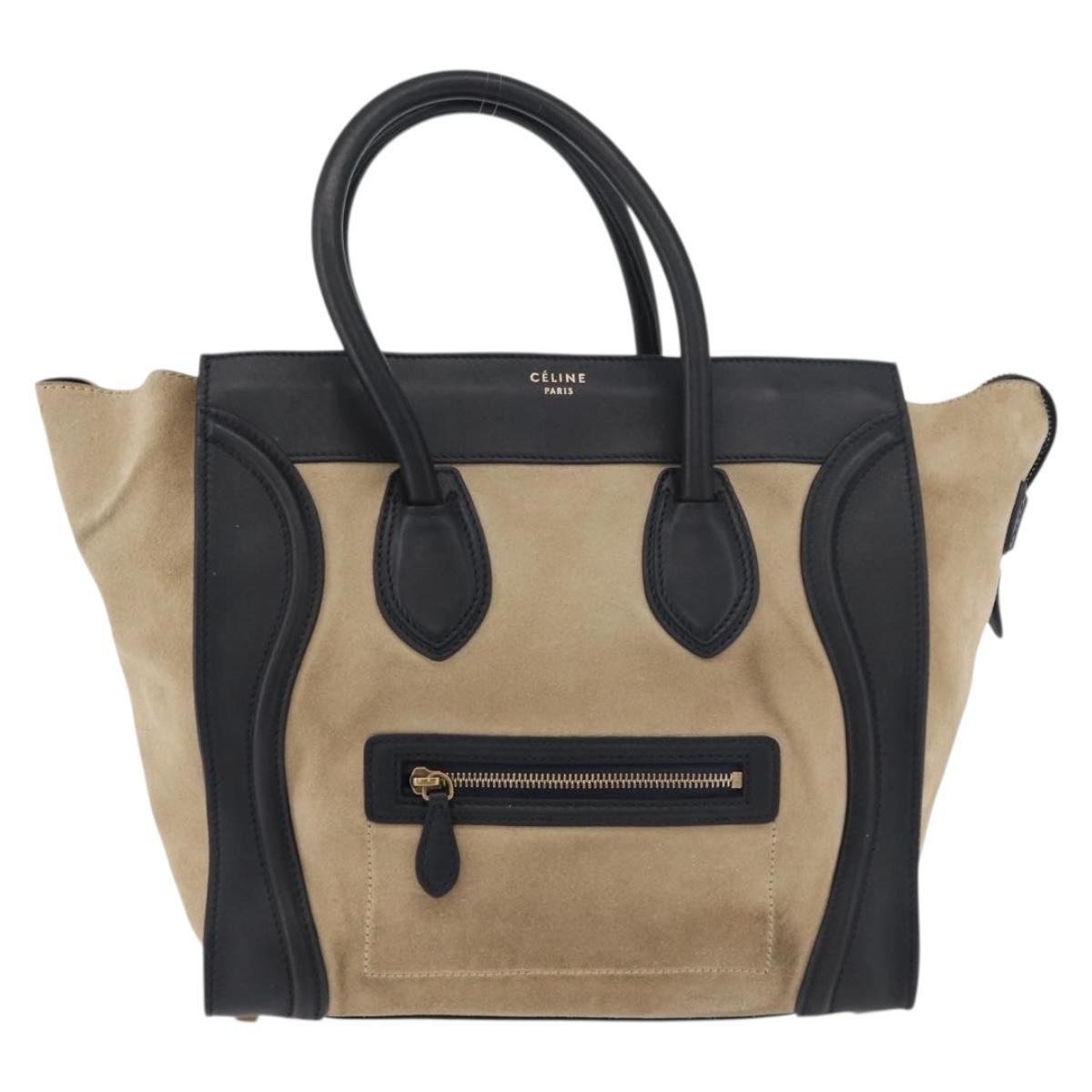 CELINE Luggage Medium Hand Bag Suede Leather Beige Gold black Auth ka3972A