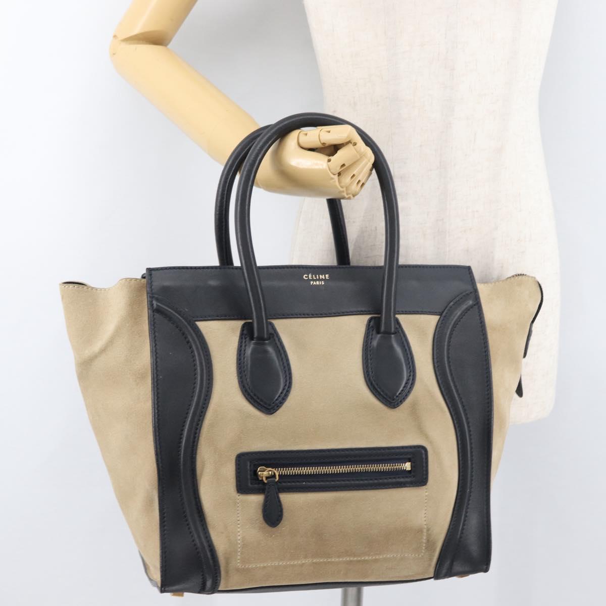 CELINE Luggage Medium Hand Bag Suede Leather Beige Gold black Auth ka3972A
